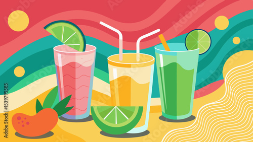 Three glasses with colorful drinks and lime slices on a vibrant abstract background design scene