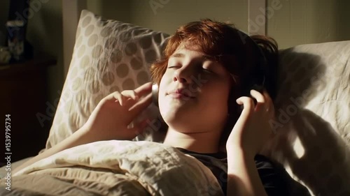 Teenager Listening to Music with Headphones on Bed