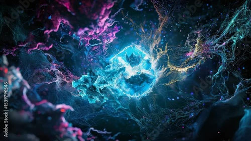 A vibrant abstract visualization of colorful neural networks intertwining with electric energy on a dark background.