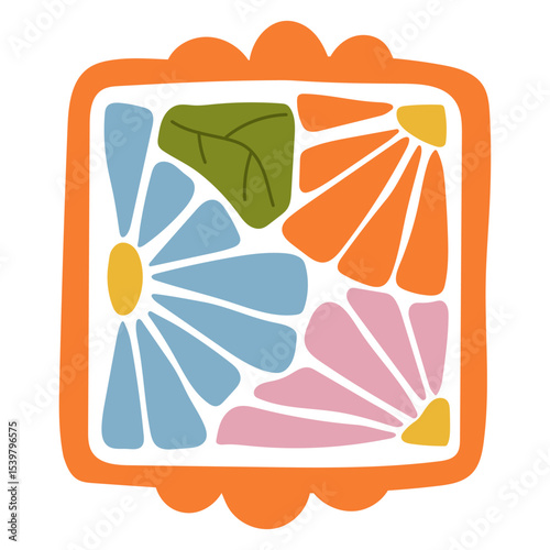 Abstract colorful floral composition with orange and pink flower petals and green leaves. Hand-drawn botanical design in modern boho style. Great for textile, digital art, decor, and craft projects.
