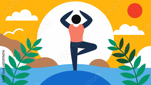 Person in tree pose yoga on a blue island with a sunset background and tropical leaf accents outdoors