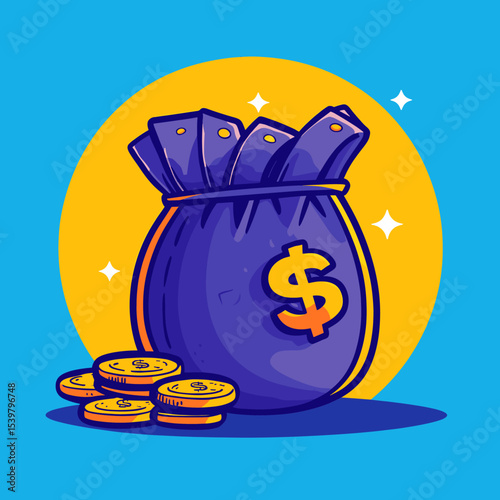 Vibrant Cartoon Money Bag Filled with Cash and Coins