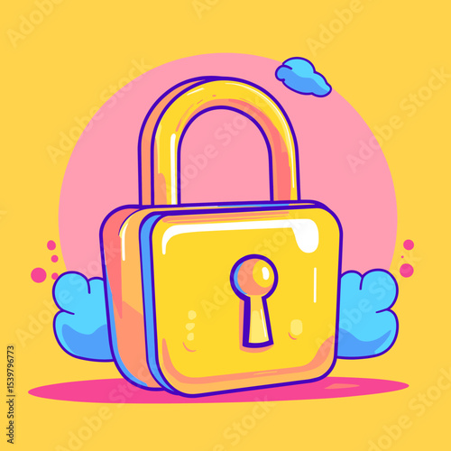 Cartoonish Golden Padlock with Blue Cloud Accents and Pink Highlights