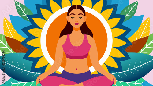 Woman in lotus position meditating with floral background in orange pink and purple colors art