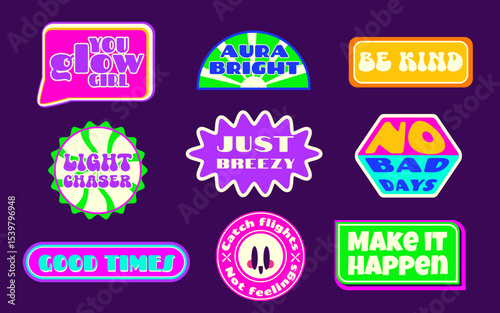 Y2k sticker shape collection on purple background - bright neon badges with motivational text in retro geometric forms. Vibrant 2000s aesthetic labels for nostalgic digital designs and scrapbooking.