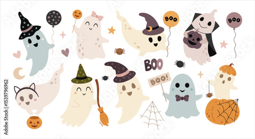 Cute Halloween ghost clipart set. Spooky seasonal characters, Happy Halloween hand drawn vector illustration in cartoon flat style
