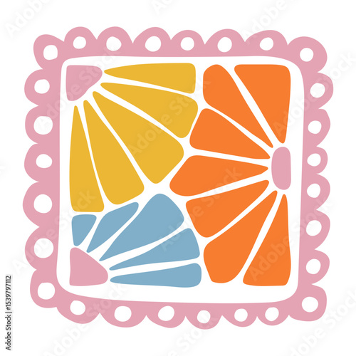 Abstract colorful floral design with blue and orange flower petals and green leaf. Hand-drawn modern botanical composition. Perfect for textile, crafts, digital art, wall decor, and print projects.