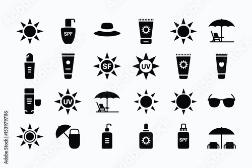 Sun protection, SPF icon set. Vector glyph pictograms of sunscreen, hat, sunglasses, UV shield, beach umbrella, skincare, skin safety, summer care black silhouette illustration.
