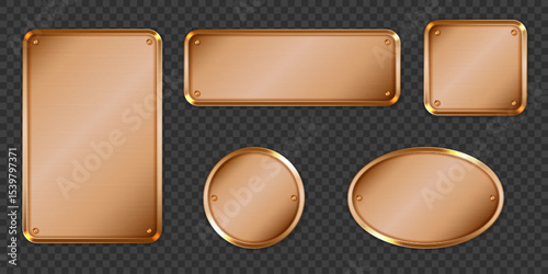 Bronze metal nameplates with edges and screw details - rectangular, round and oval tag shapes on transparent background for business signage, door plaques and premium labeling design elements.