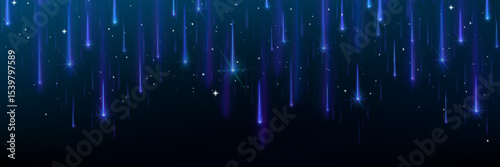 Meteor shower background with blue shooting stars falling through night sky - cosmic light trails and glowing particles for space wallpaper, celestial event design and astronomy themed digital art.