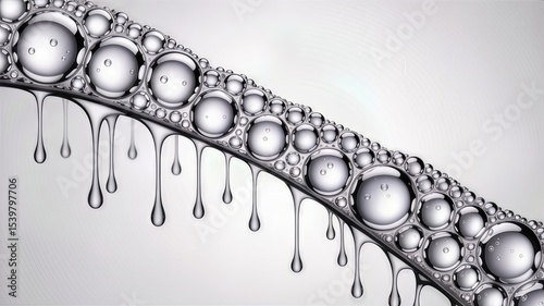 A cascade of clear bubbles clinging and dripping, isolated on white background