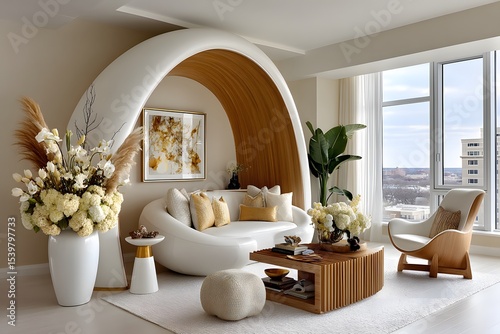 Bright minimalist lounge with sculptural furniture high resolution photo
