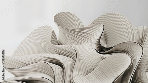 Abstract sculpture of pleated fabric waves, isolated on white background