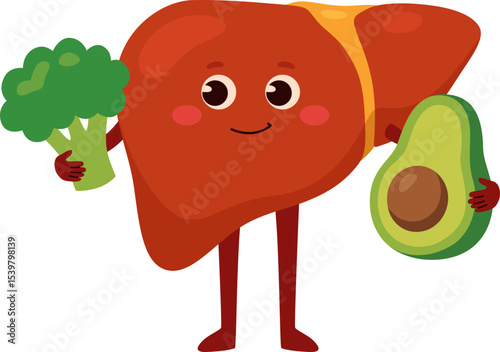 Healthy Liver Cartoon Character Holding Broccoli and Avocado

