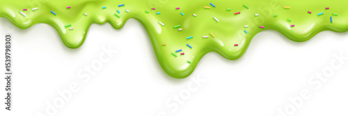 Green ice cream melt with colorful sprinkles dripping down - lime frosting or pistachio glaze flowing on white surface. Rainbow topping on glossy dessert for birthday party decoration or bakery design