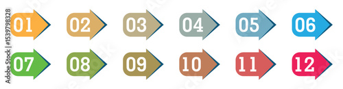 Colorful Numbered Arrow Labels from 1 to 12 for Infographic or Timeline Design. Number Bullet point vector.
