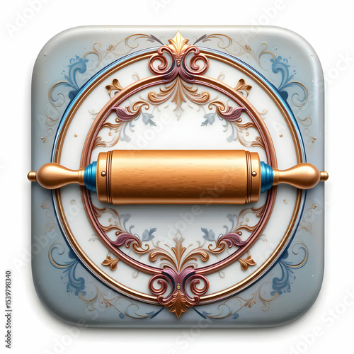 Ornate rolling pin on a decorative plate.