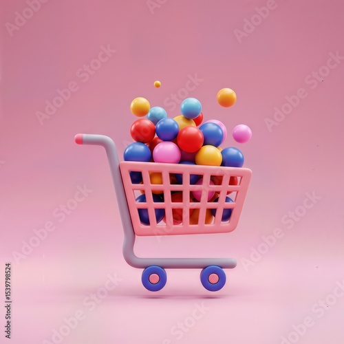 A pink shopping cart overflowing with colorful spheres against a soft pink backdrop