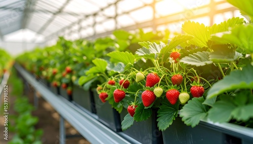 Ripe Strawberries Greenhouse Farming.