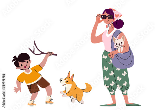 Happy person with dog illustration set - young kid playing fetch with corgi, stylish woman carrying puppy in bag while walking. Flat cartoon characters for pet care, lifestyle or friendship designs.
