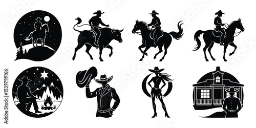 cowboy riding horse silhouette on white background