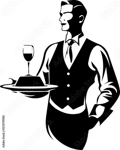 Waiter Vector Icon in Uniform Holding Tray