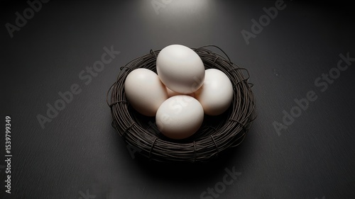 A clutch of white eggs nestled in a dark, wiry nest, resting on a textured black surface