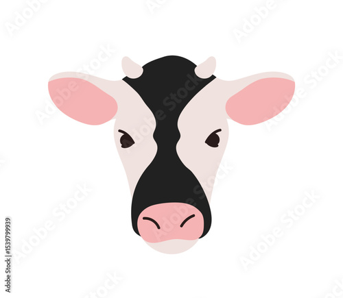 Dairy cow head, face avatar with black mark. Rural cattle, farm animal, countryside livestock portrait. Beef meat icon, organic agriculture. Flat vector illustration isolated on white background