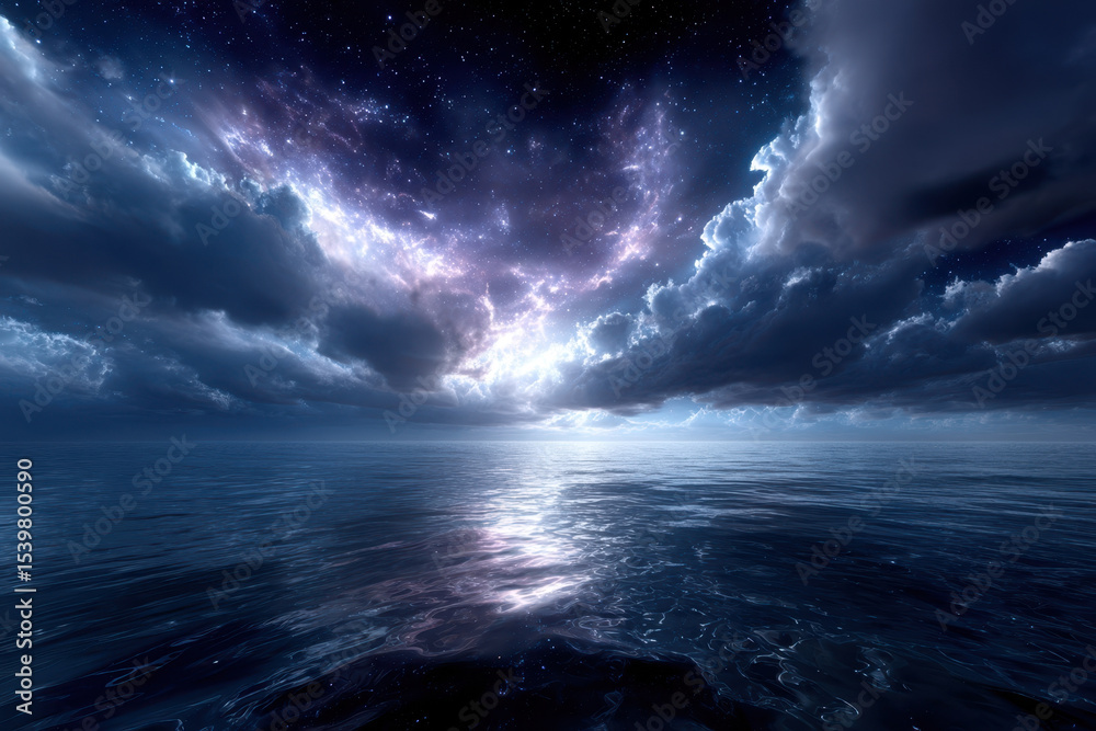 Fototapeta premium Majestic clouds illuminated by cosmic light over calm ocean waters at night