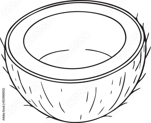 Simple Black and White Line Art Illustration of a Coconut Half with Fibrous Husk Detail black