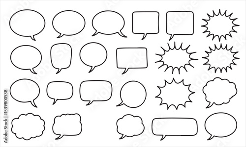 Collection of hand drawn speech bubbles and comic book elements