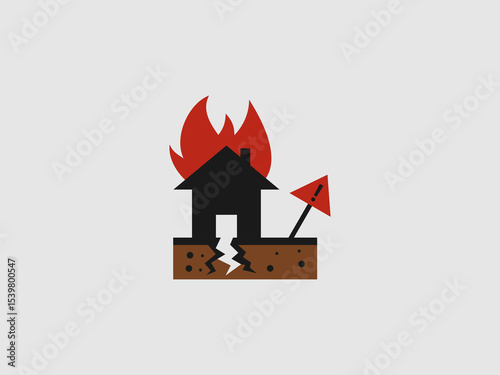 An icon depicting a house on cracked ground with flames emerging from its roof