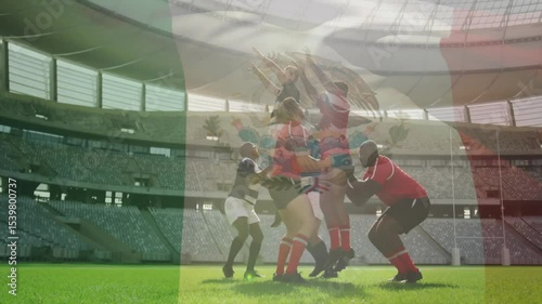Rugby players readying lineout lifting jumper catching ball securing possession with animated flag