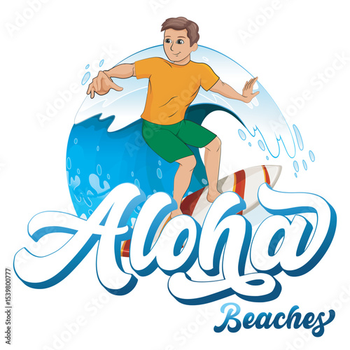 Aloha text, surfer, emblem and logo isolated on white. Hand drawn Aloha word and surfer for shirt print or sign. Lettering or summer party invitation, flyer and poster design.