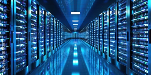 A long, narrow hallway with rows of server racks, illuminated by blue and white lights, leading to a bright light at the end. 