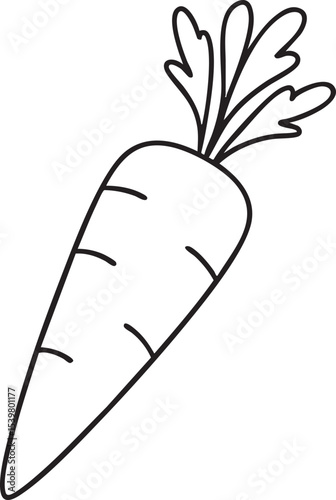 Simple Black and White Carrot Illustration with Detailed Greens and Horizontal Lines on the Vegetable Body
