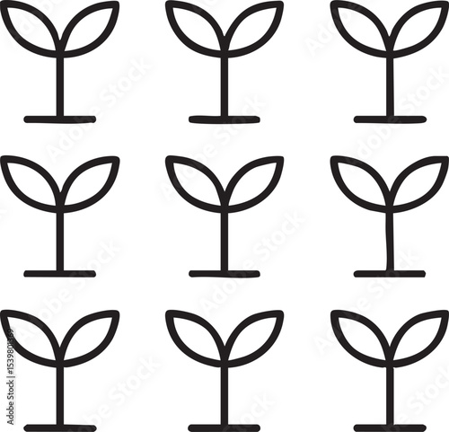 Nine Simple Black and White Sprout Icons Arranged in a Grid Pattern on a White Background
