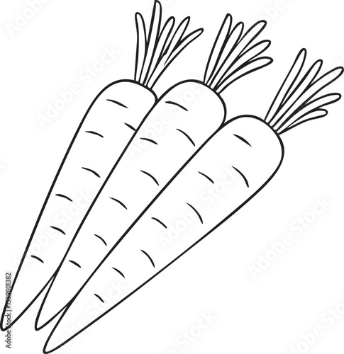 Three Carrots in a Row A Simple Black and White Outline Drawing of Fresh Vegetables for Coloring or Design