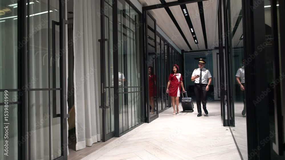 custom made wallpaper toronto digitalAn Asian male captain and a female flight attendant wearing airline uniforms walk and greet each other at the airport to prepare to work on the plane together.