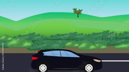 Auto car running on the road, 2d cartoon animation with nature fields and trees background