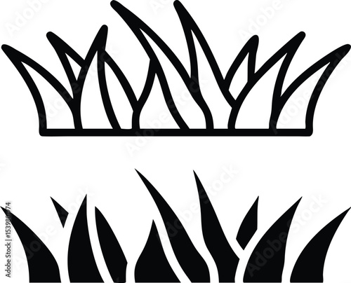 Low-Poly Stylized Grass Tuft Icon – Black and White Vector Outline in Isometric Design
