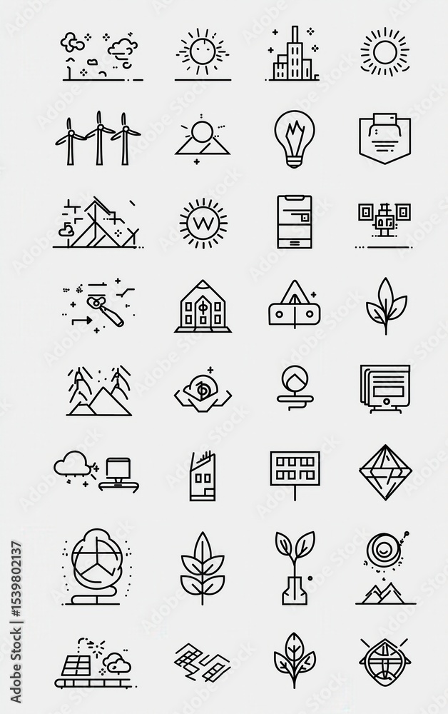 Fototapeta premium Set of 30 line icons representing sustainability, renewable energy, ecology, and environmental conservation concepts.