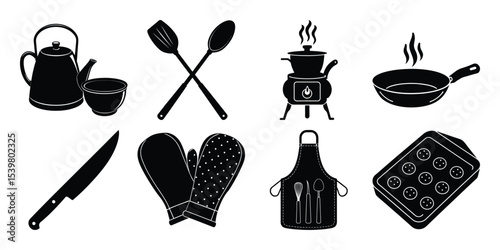 set of kitchen utensils silhouette on white background