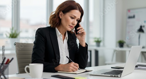Businesswoman in Office Taking Notes While on a Phone Call