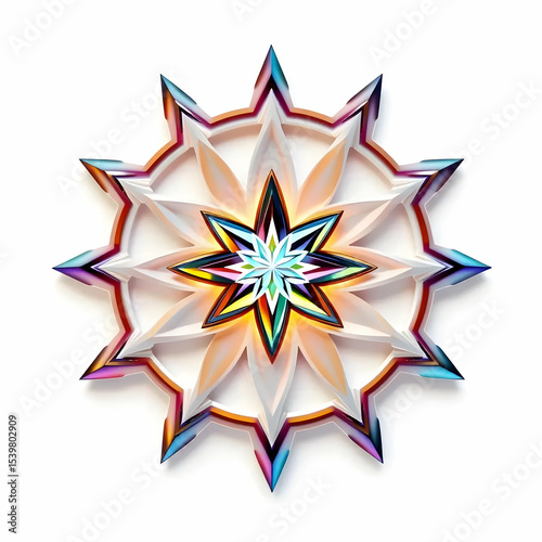 Multicolored, intricate, star-shaped design.