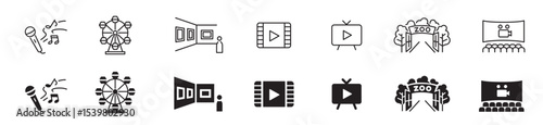 Entertainment Show icon set. live media movie event stage video theater concert cinema ticket magician circus. Linear icon collection. Editable stroke. Vector illustration.