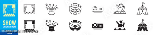 Entertainment Show icon set. live media movie event stage video theater concert cinema ticket magician circus. Linear icon collection. Editable stroke. Vector illustration.