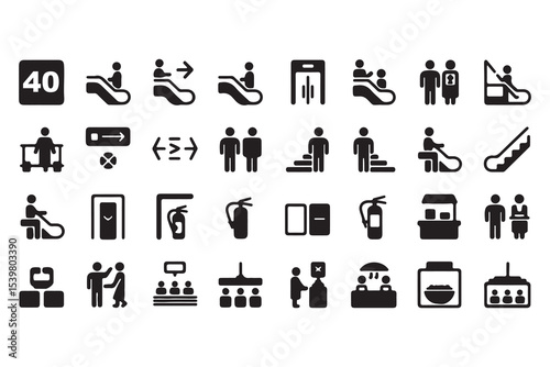 Public space wayfinding glyph icon set. Vector pictograms of navigation, emergency, escalator, elevator, stairs, info desk, extinguisher, food court, black sign silhouette illustration.