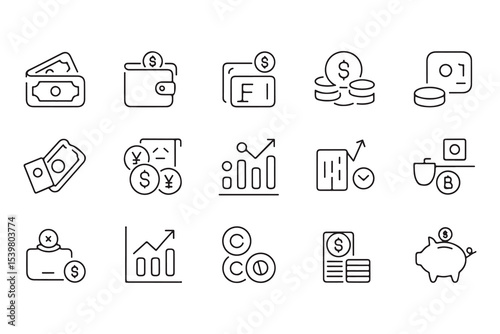 Finance line icon set. Vector pictograms of money, wallet, banking tools, currency symbols, investment chart, financial services, piggy bank, dollar thin linear illustration.
