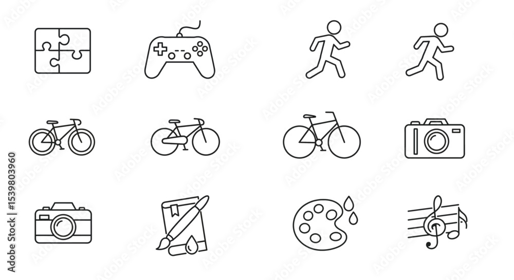 Fototapeta premium Set of bold line icons representing various hobbies and interests including puzzle, video game controller, running, and biking.